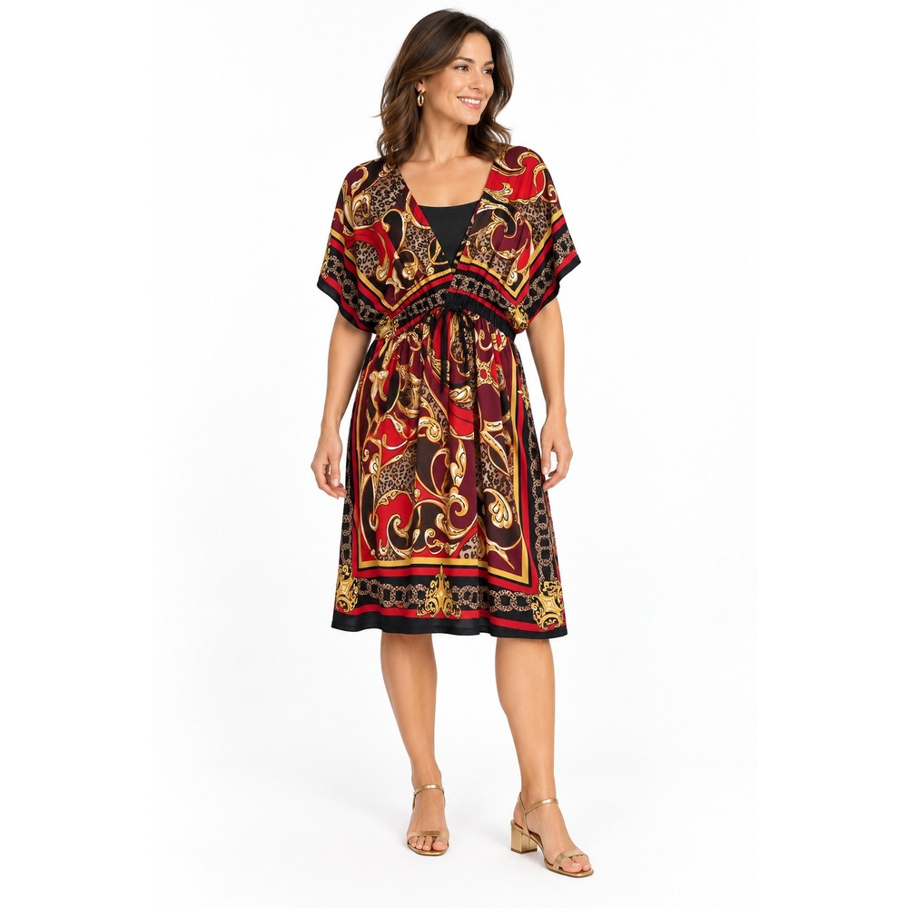 Baroque Scarf Print Kimono Sleeve Dress M Leopard Chain Elastic Waist Mob Wife